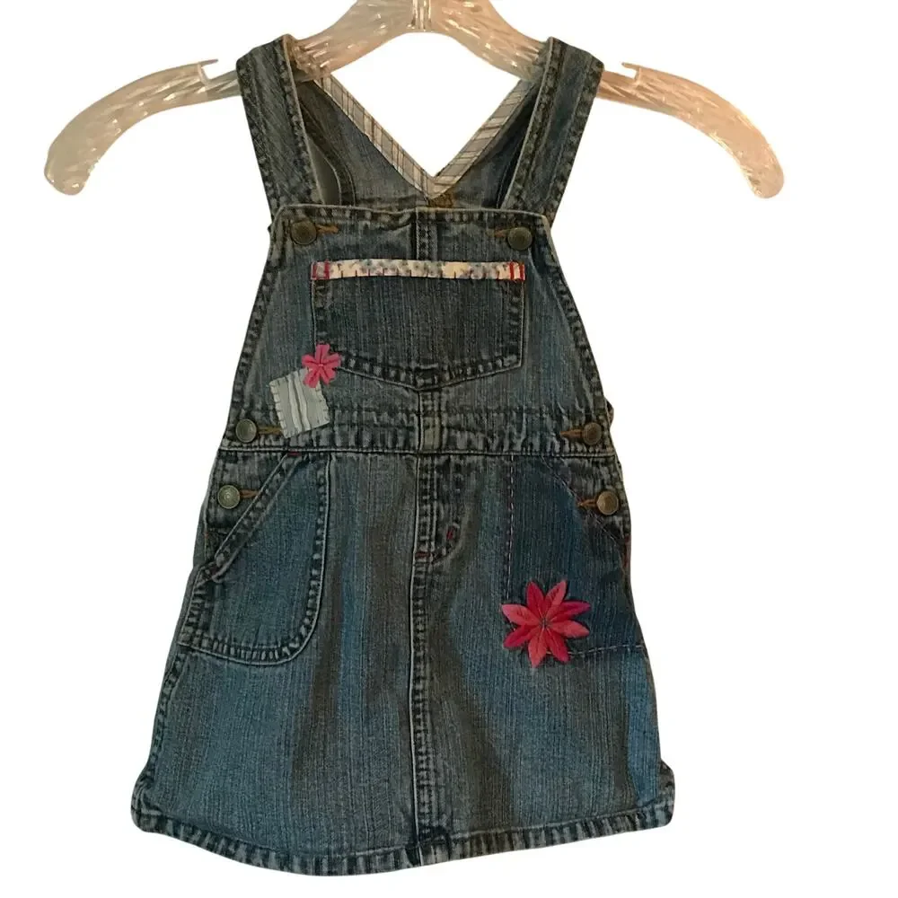 Vintage Gap Overall Dress Girls Size 2 Flower Handstitched Patchwork Snap Denim
